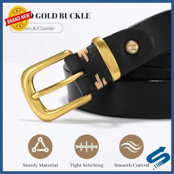 Full Grain Leather Belt with Gold Buckle, 9-Hole Adjustable, 1.1\